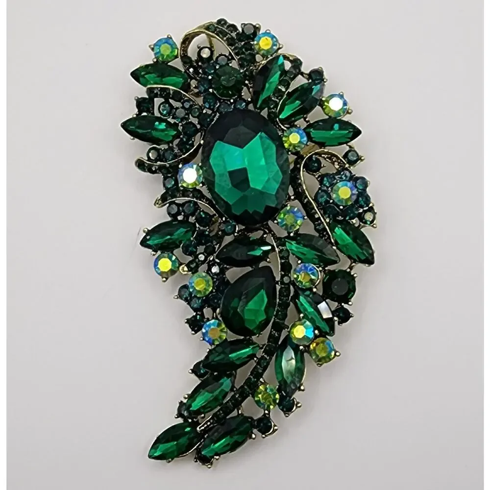 Green Abstract Floral Brooch: Faux Jewels & Rhinestones, Large